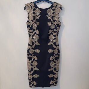 Tadashi Shoji Black Dress with Gold Floral Accents